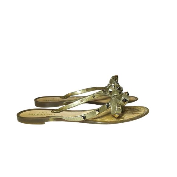 Valentino Garavani Gold PVC Jelly Rockstud Thong Bow Flat Sandals Shoes 38 - Picture 2 of 8